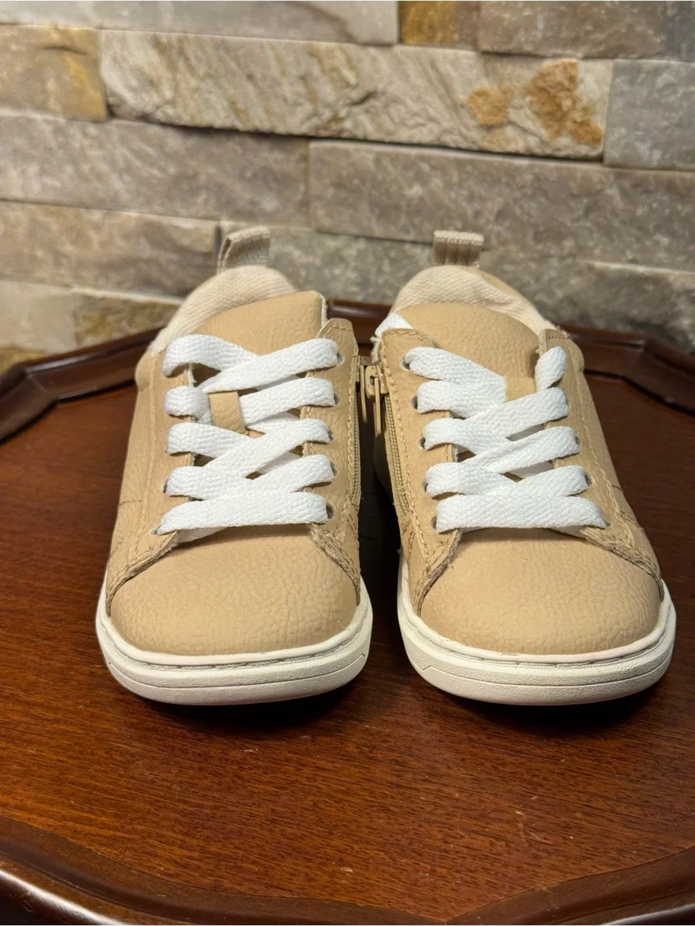Kids Sz 7 Eur 23 Zara Monochrome Beige Textured Low-top W/ Zipper Sneaker Shoe
